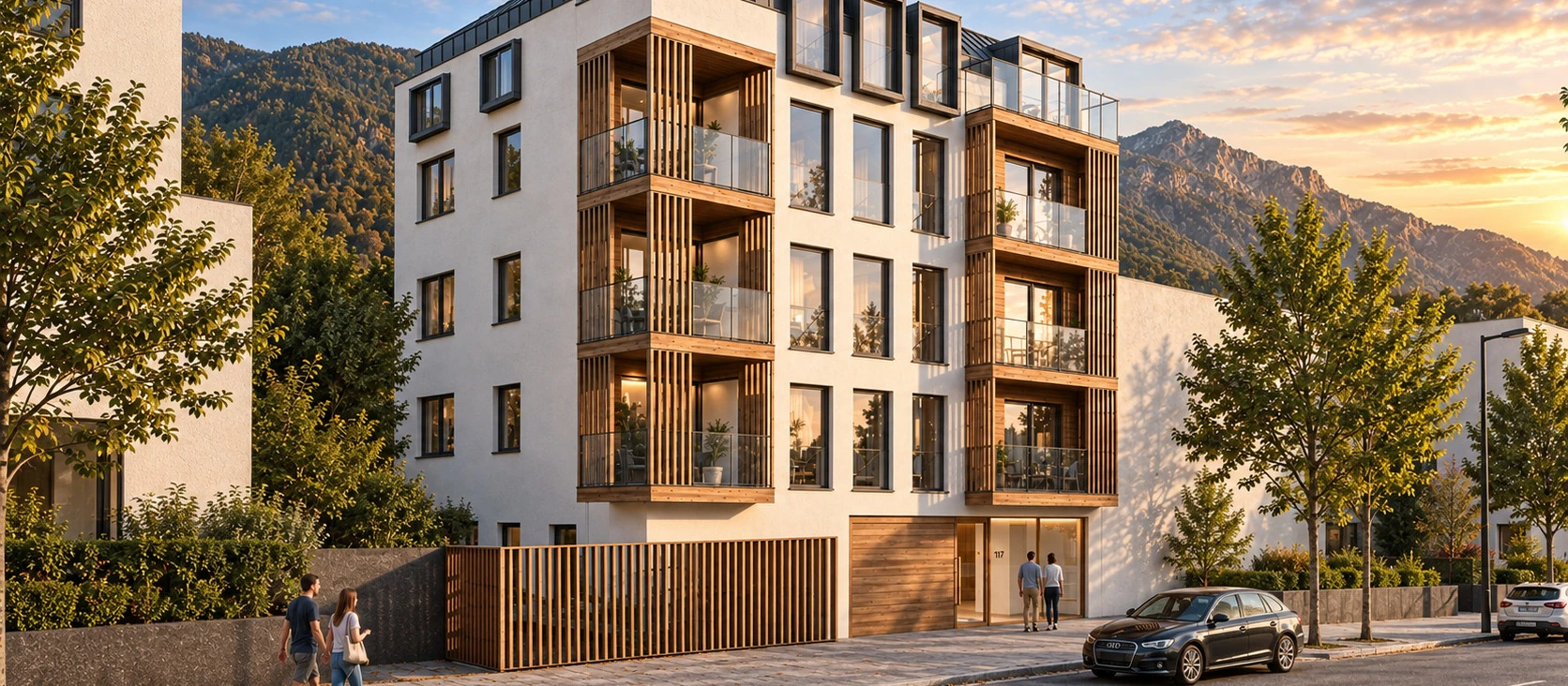 Edificio residencial en su entorno, visto desde el exterior