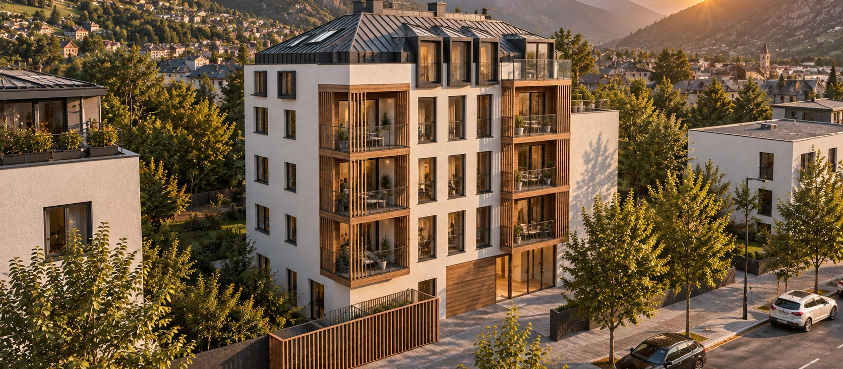 Vista aérea del conjunto residencial al atardecer