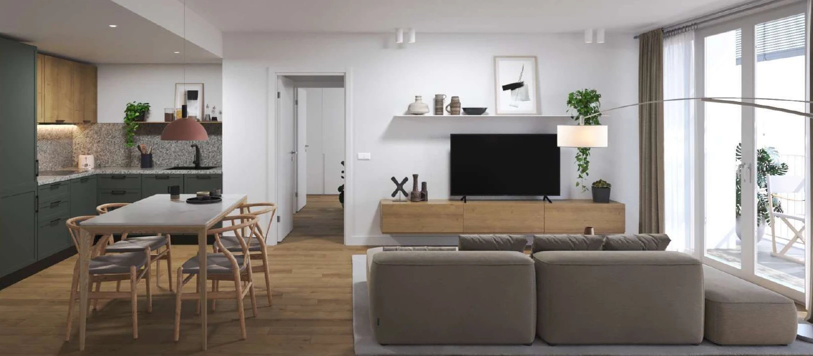 Salón comedor con cocina abierta y salida a la terraza, en una vivienda de Blas Fernández Lirola