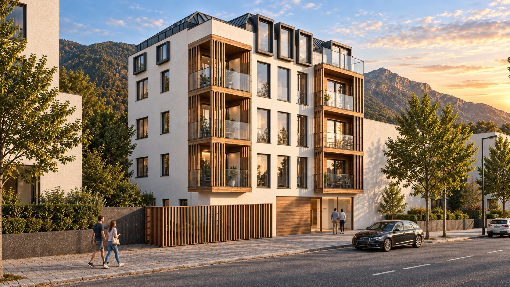 Render de Aixovall Residencial al atardecer, con el valle al fondo