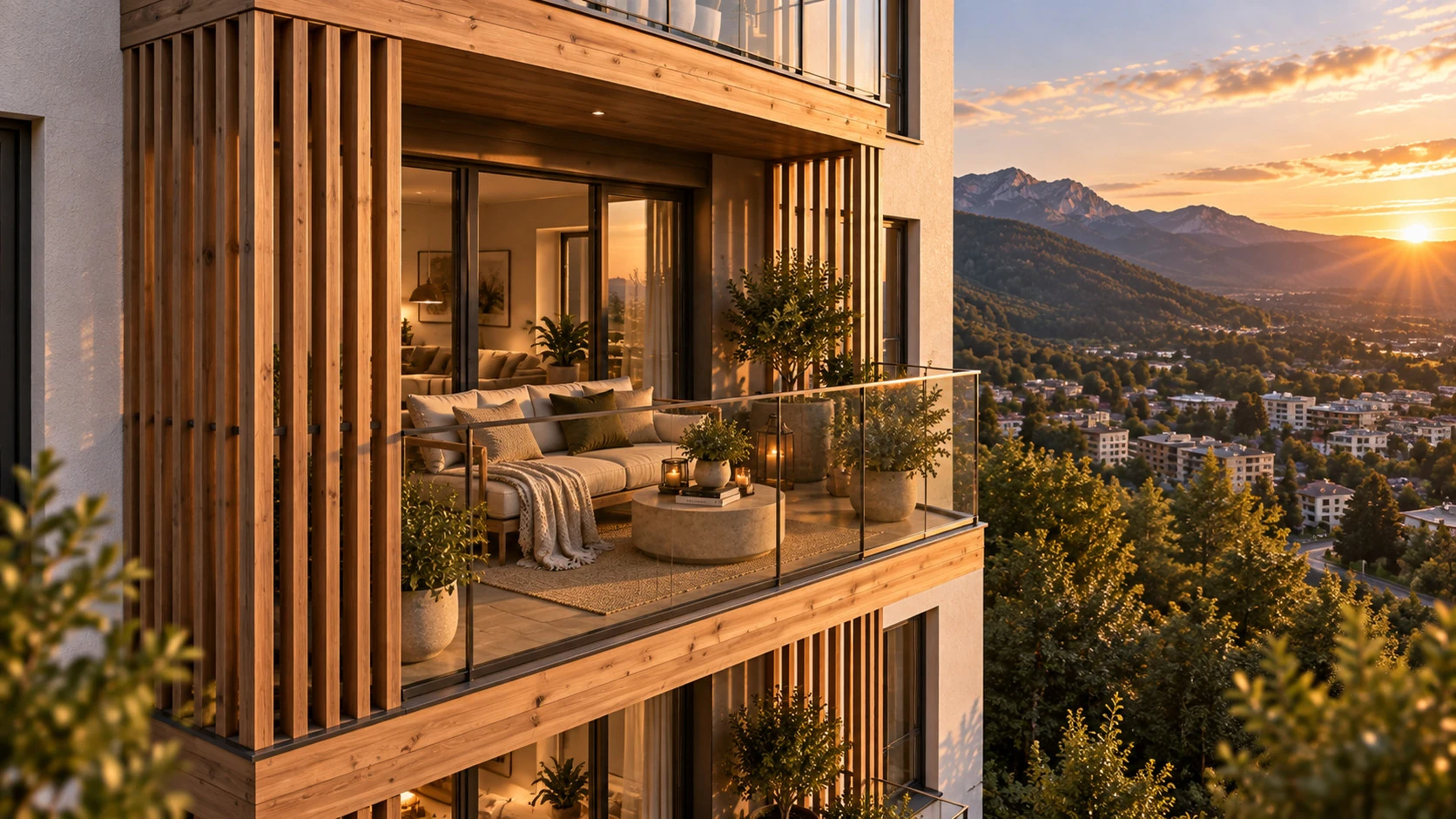 Balcón de una vivienda terminada al atardecer, con el valle al fondo