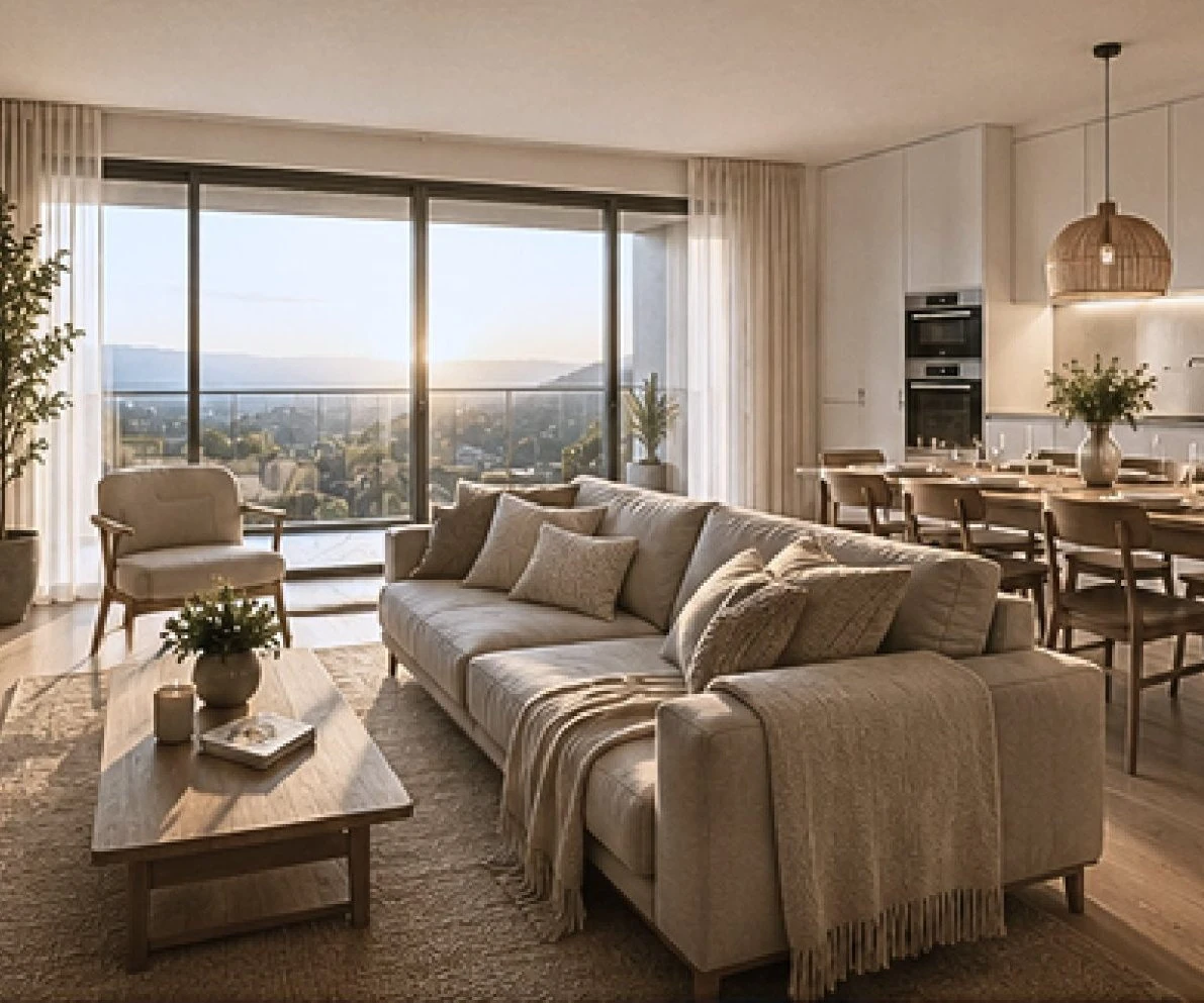 Salón de una vivienda de Aixovall Residencial, con las montañas de Andorra al fondo
