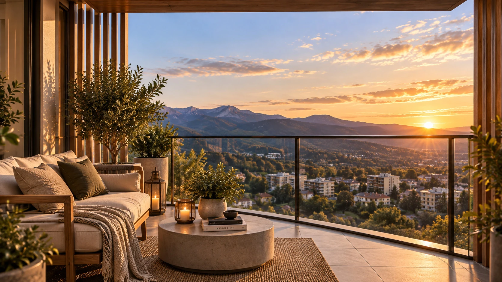 Terraza de una vivienda de Aixovall Residencial, con el valle al fondo al atardecer