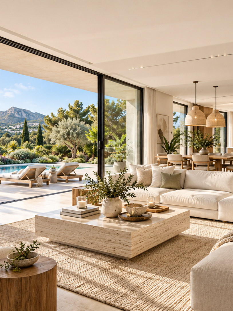 Salón reformado abierto a la terraza y la piscina