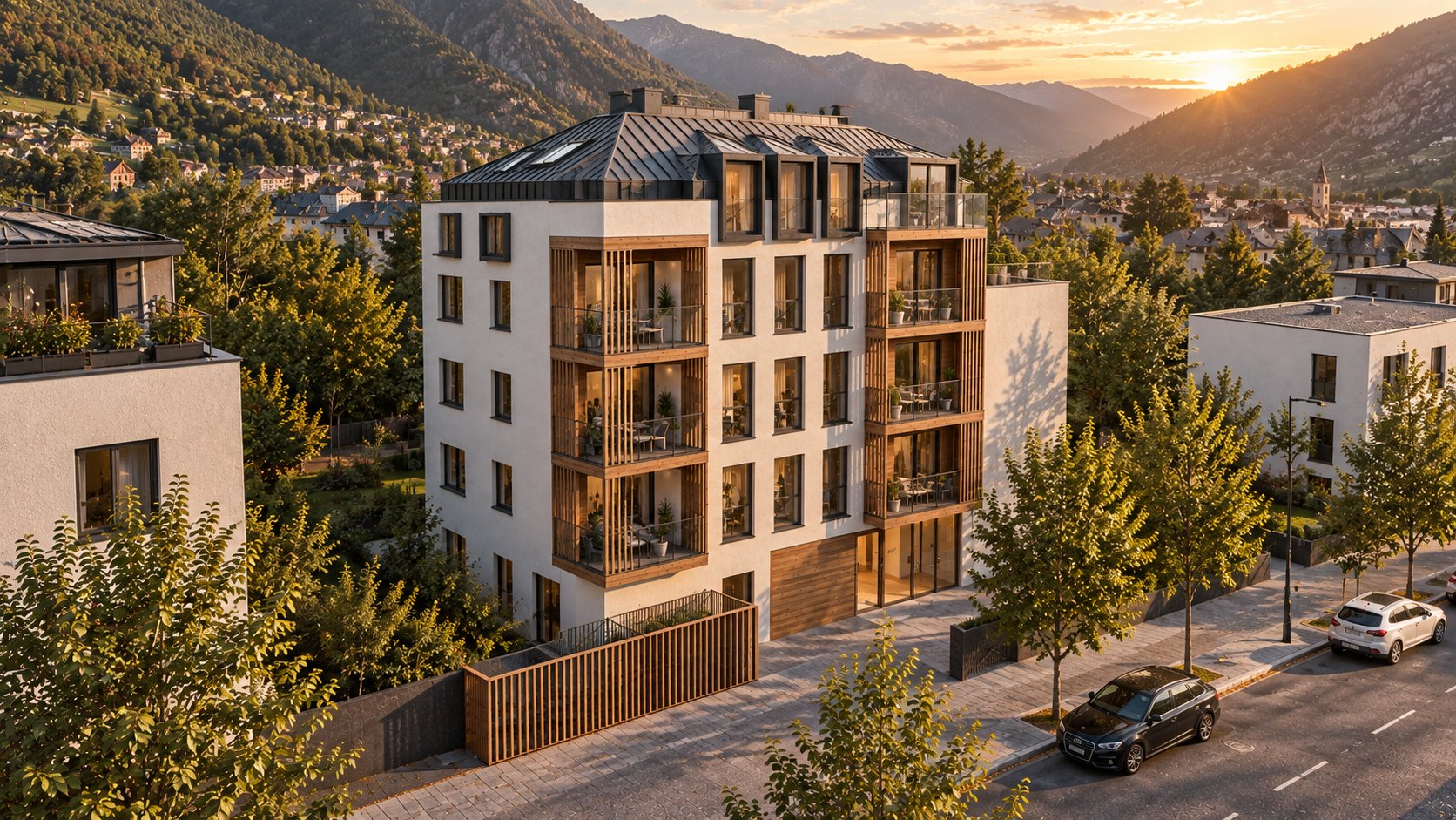 Vista aérea de Aixovall Residencial al atardecer, con el valle y las montañas al fondo