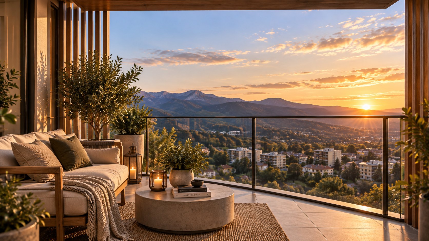 Balcón privado al atardecer con vistas al valle y a las montañas