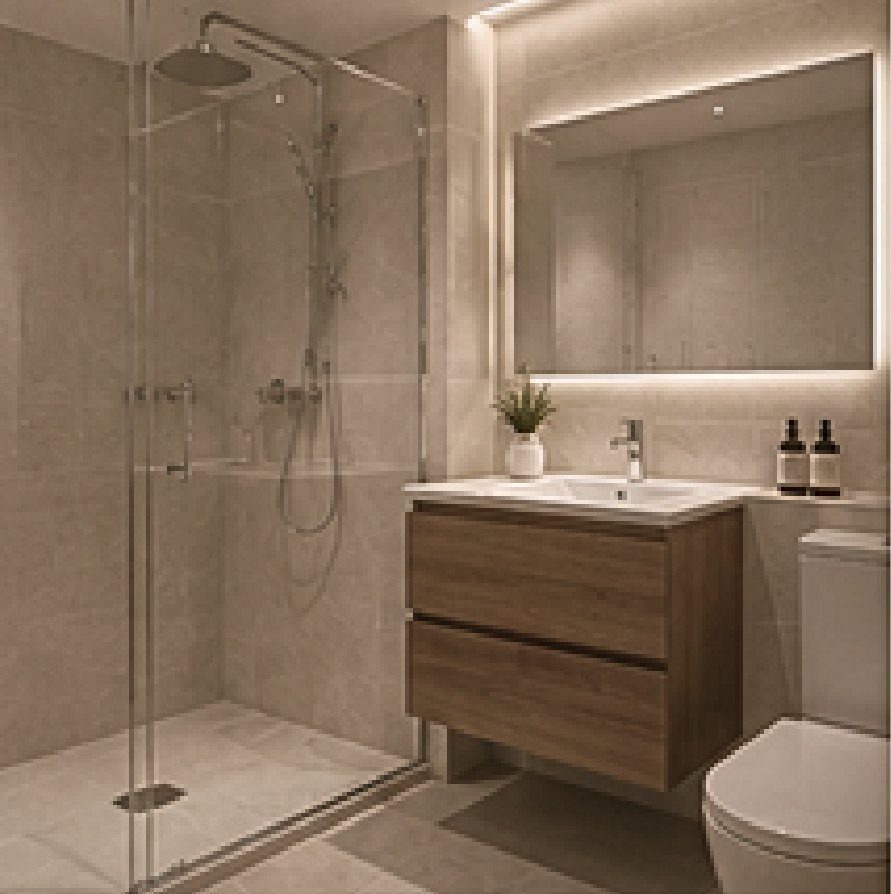 Baño con ducha de obra, mueble suspendido y espejo retroiluminado