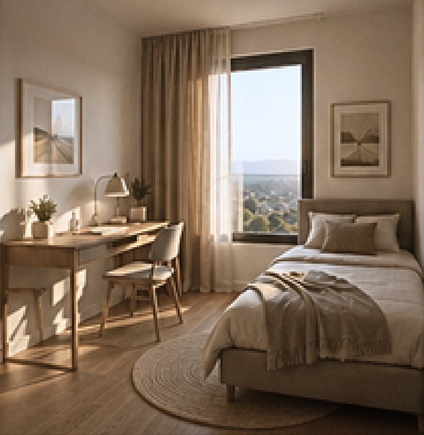 Dormitorio individual con escritorio junto a la ventana