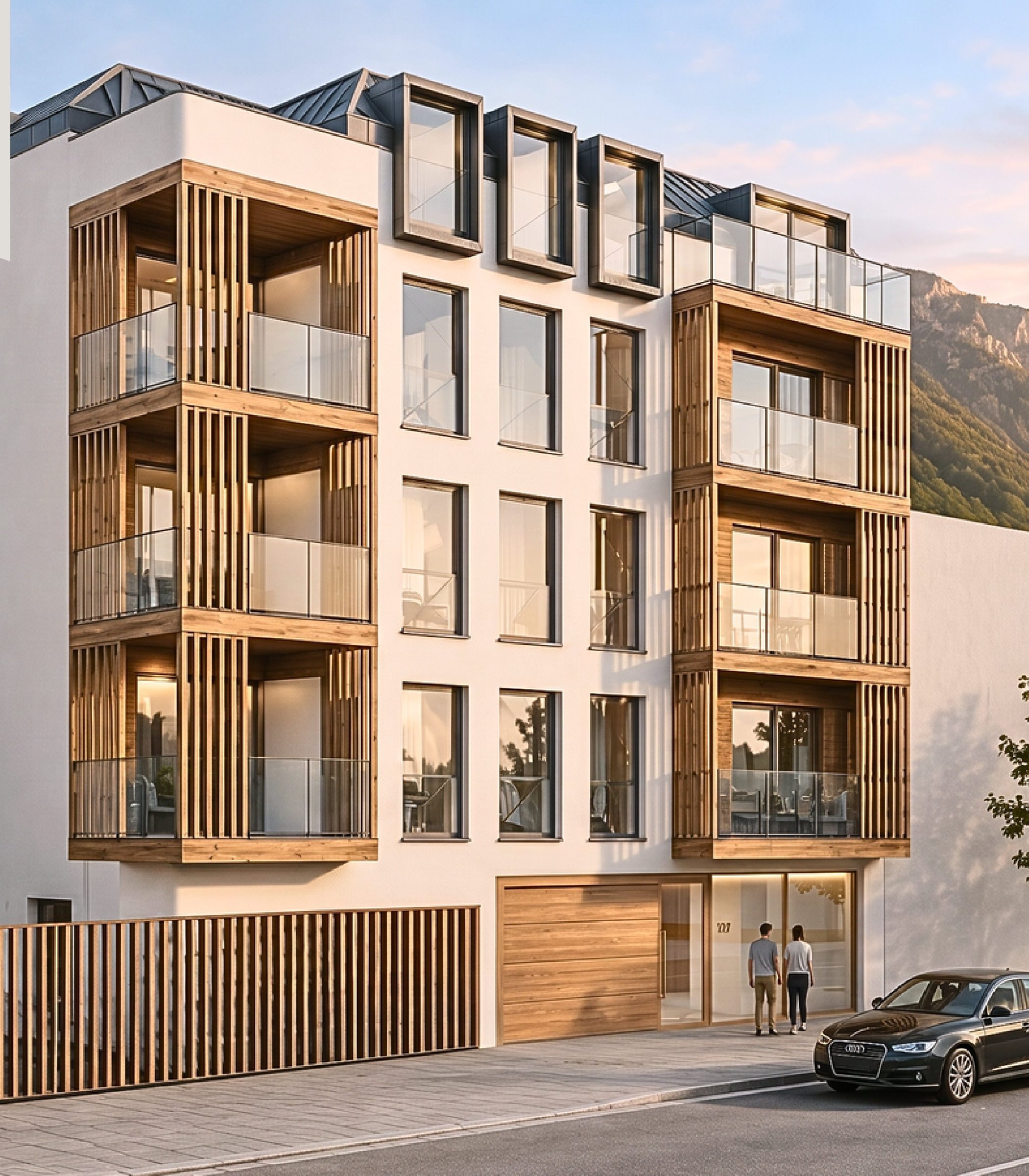 Render del conjunto de Aixovall Residencial: fachada blanca con celosías de madera, balcones y áticos bajo cubierta