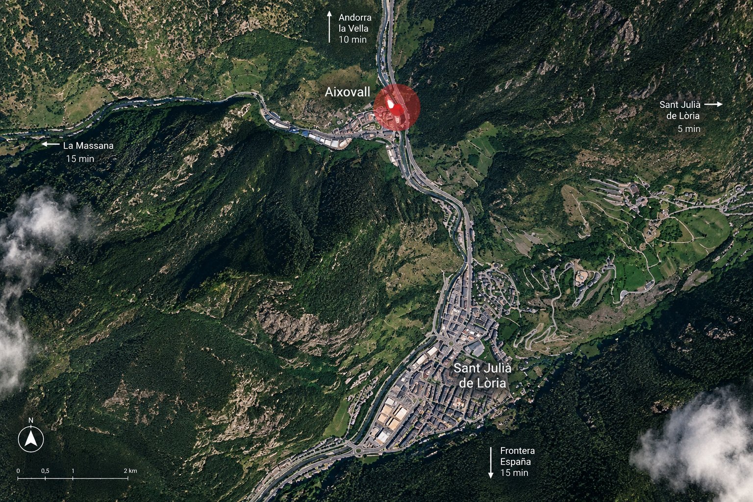 Vista satelital de Aixovall entre Andorra la Vella y Sant Julià de Lòria, con los tiempos de desplazamiento