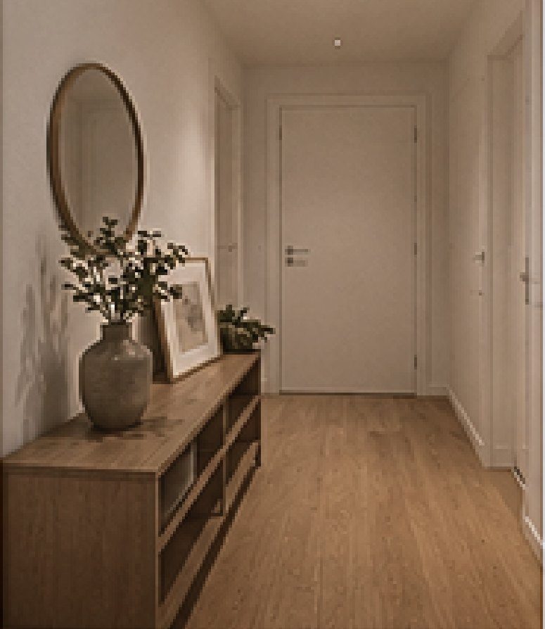 Recibidor con mueble de madera y espejo