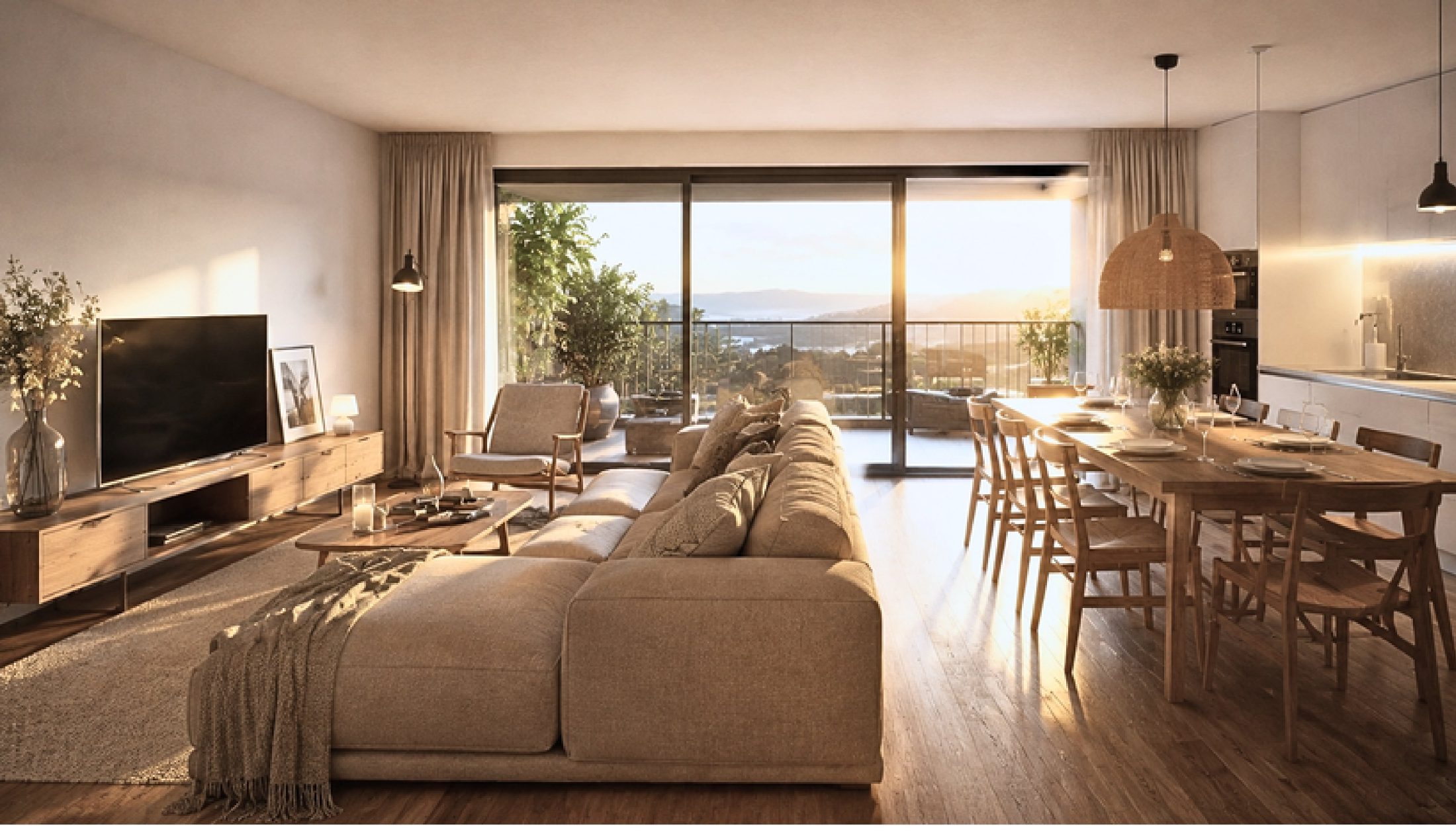Render del salón-comedor con cocina abierta, grandes ventanales y vistas al valle