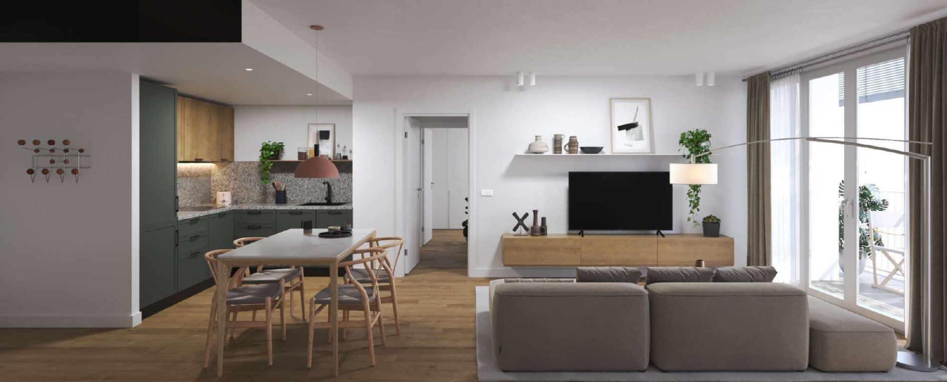 Render panorámico del salón-comedor con cocina abierta y salida a la terraza