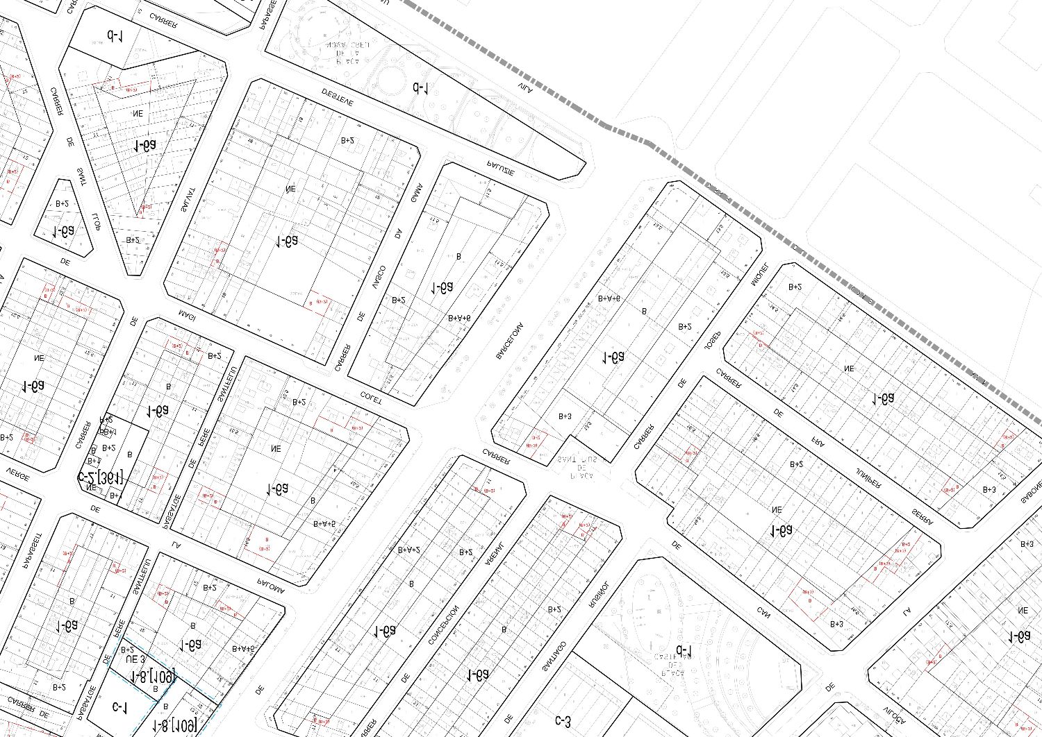 Plano catastral con la parcela del proyecto y las manzanas del entorno
