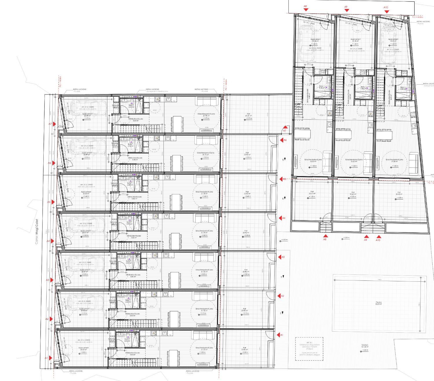 Planta baja de las diez viviendas: estar-comedor-cocina, lavadero, baño, aparcamiento y patio