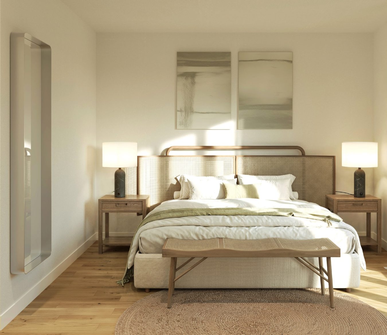 Dormitorio principal con cabecero de madera y ventanal al balcón