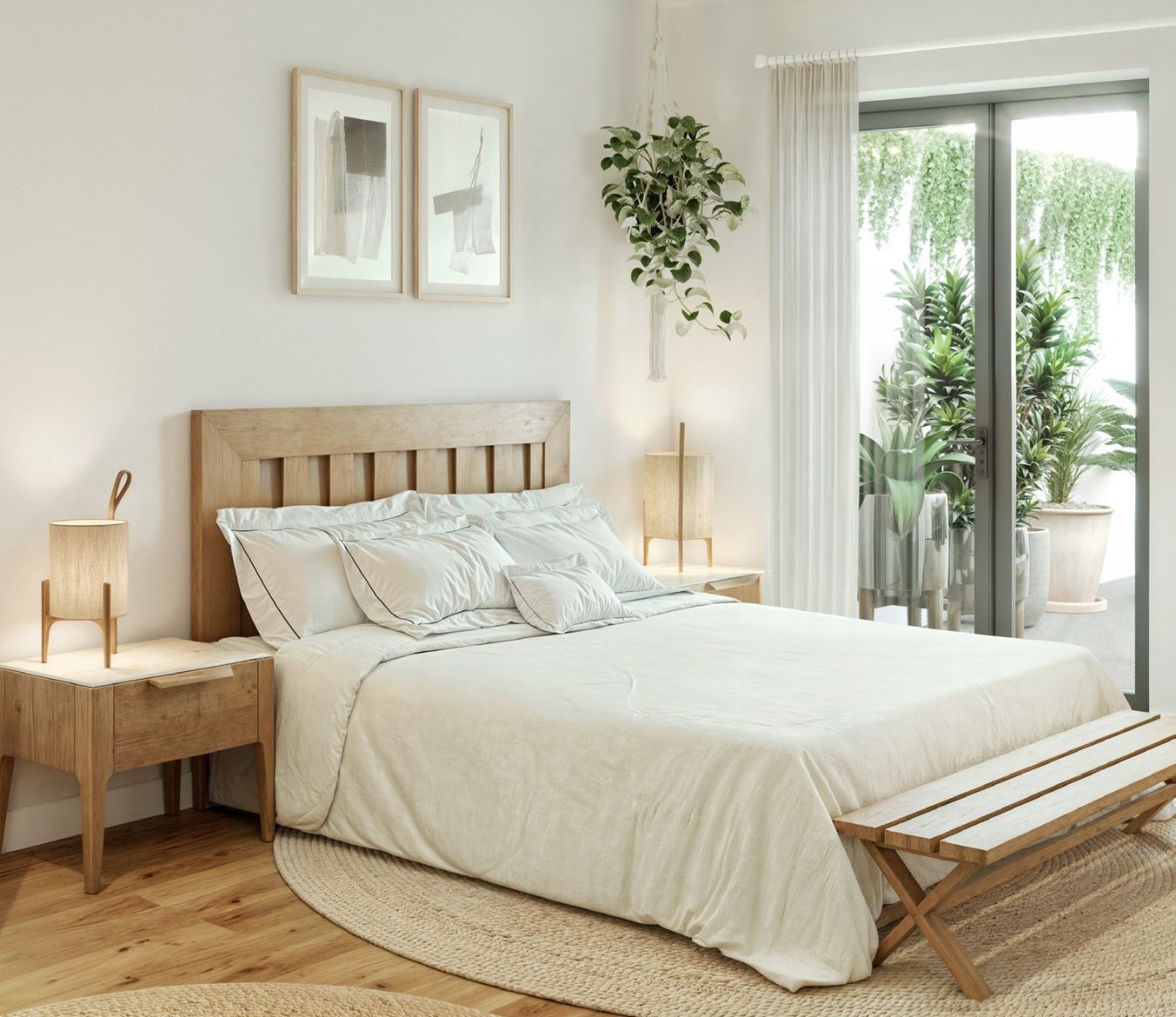 Dormitorio con ropa de cama clara y ventana al patio