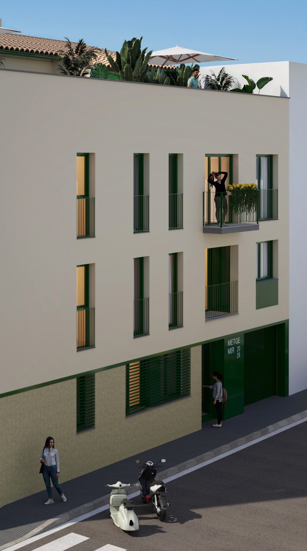 Render de la fachada de METGE MIR con balcones corridos y carpintería oscura