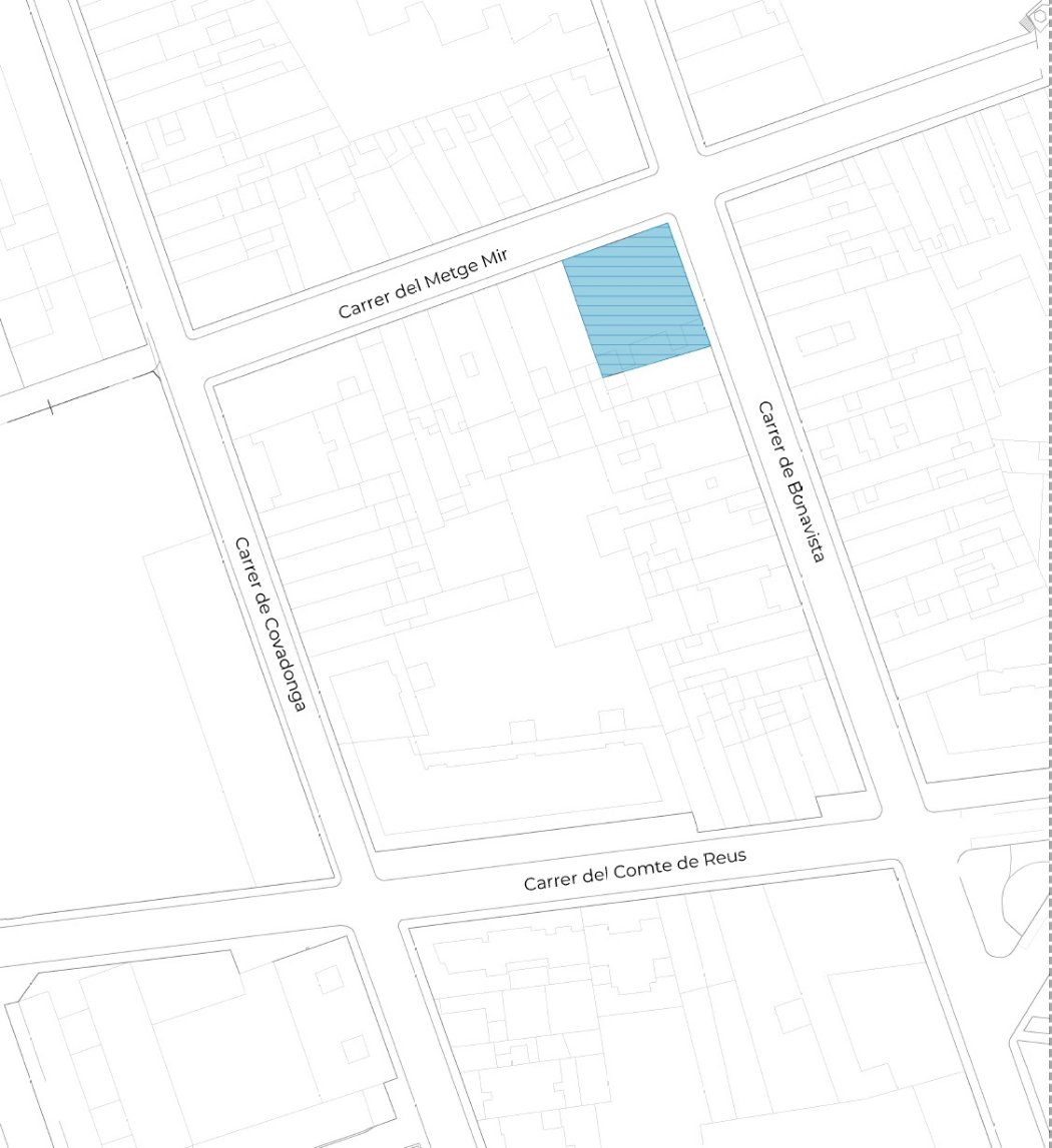 Plano de emplazamiento de METGE MIR sobre la trama urbana del centro de Sabadell