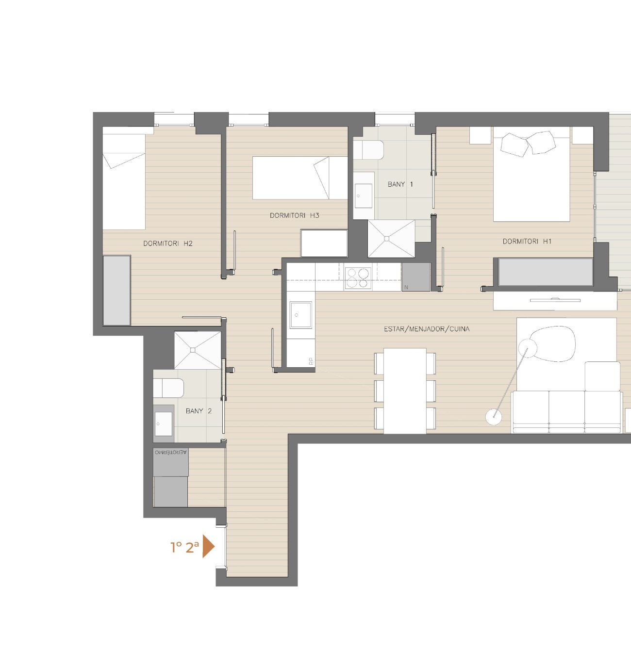 Plano de la vivienda 1° 2ª, planta primera