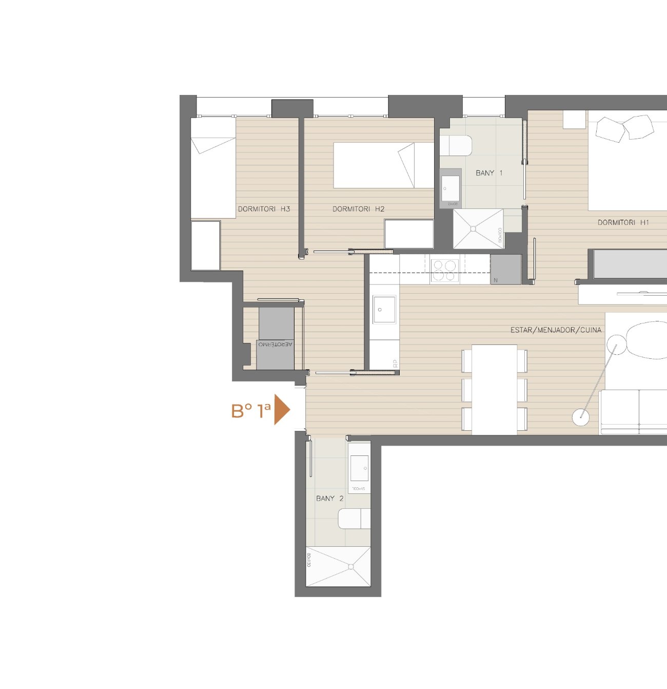 Plano de la vivienda B° 1ª, planta baja