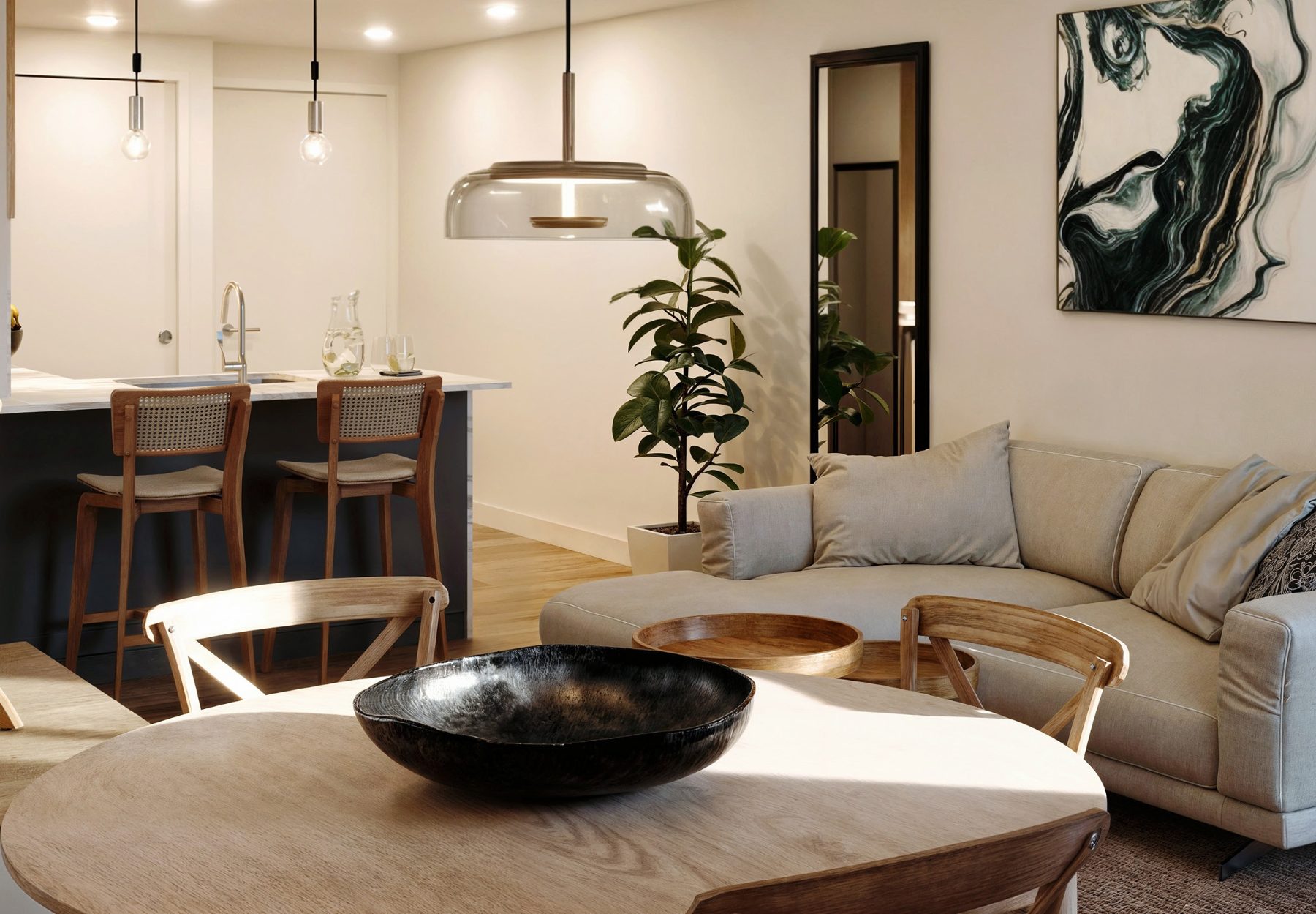 Render del salón-comedor con cocina abierta, sofá claro y salida al balcón